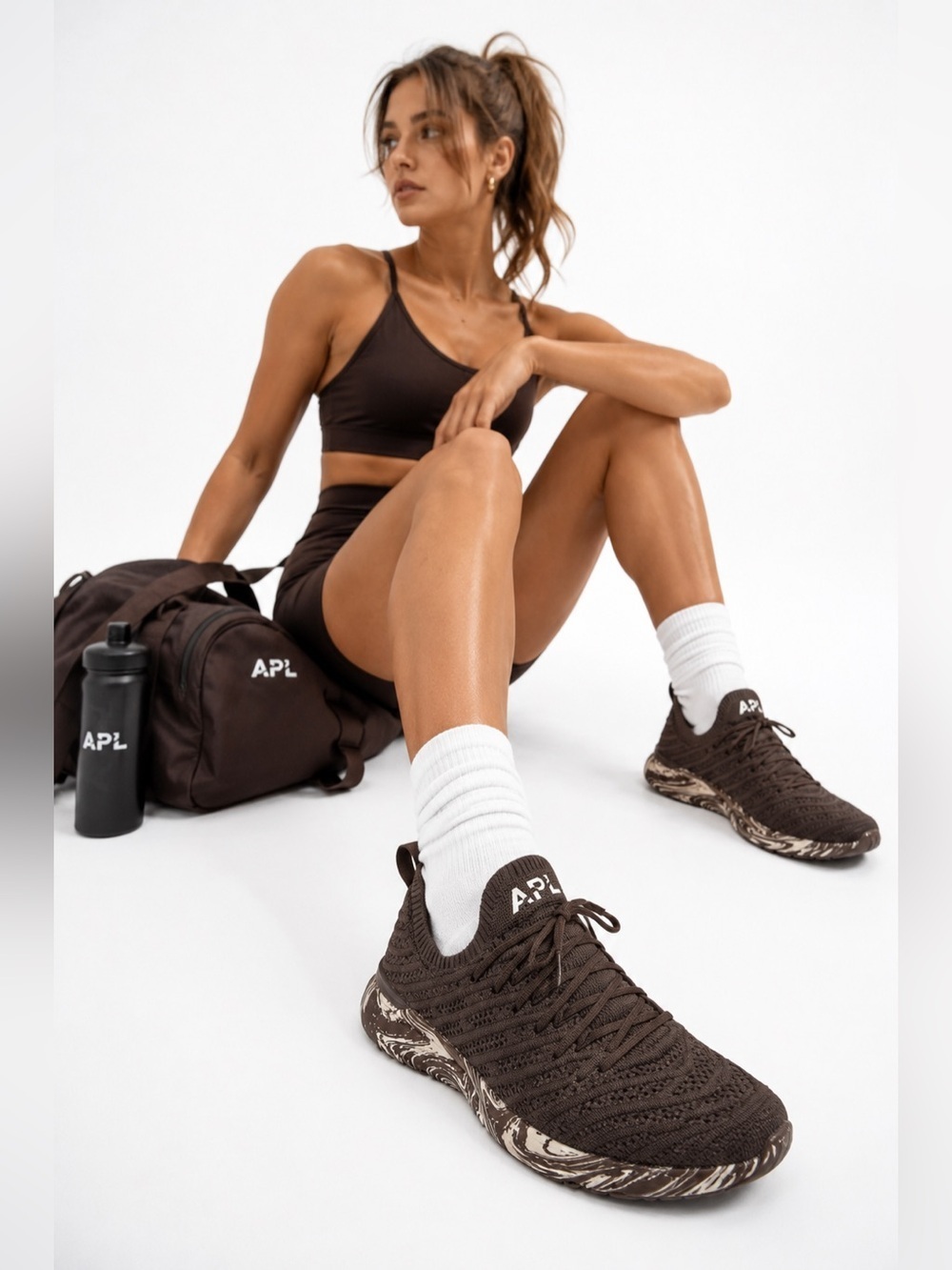 APL | Techloom Wave Sneakers Chocolate Brown Knit Pristine White Marble Size 6